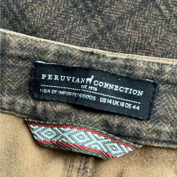 Peruvian Connection Womens Plaid brown stretch cotton straight leg pants size 14 - Picture 3 of 4